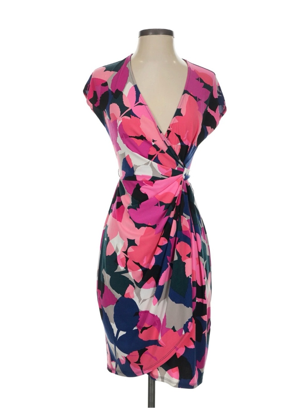 Maggie London Matte Jersey Wrap Dress Navy/Pink Floral Size 2 Midi Style 6947063